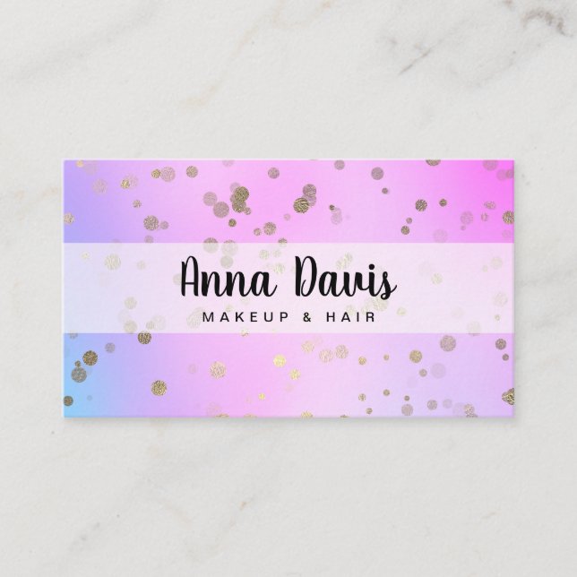 Holographic gold confetti dots makeup & hair business card (Front)