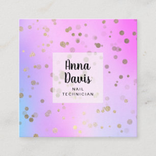 Holographic gold confetti dots nail technician square business card