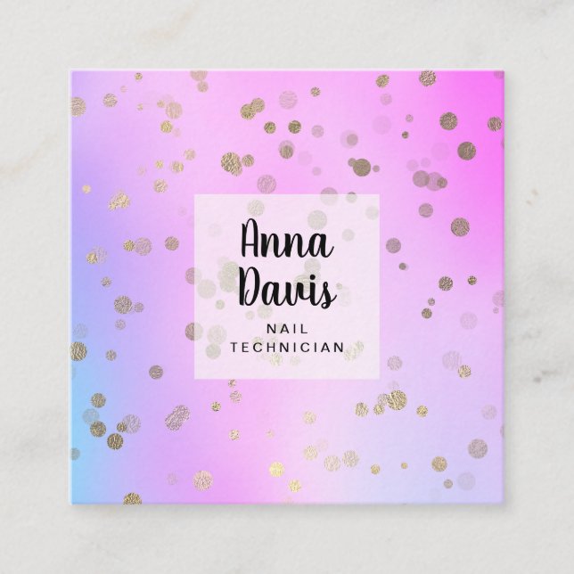 Holographic gold confetti dots nail technician square business card (Front)