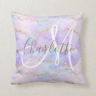 Holographic gold glitter agate monogram throw pillow