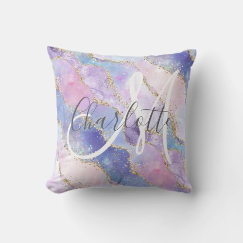 Holographic gold glitter agate monogrammed throw pillow