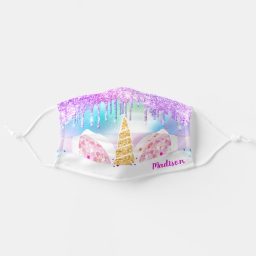 Holographic Gold Glitter drips Unicorn Custom Name Adult Cloth Face Mask
