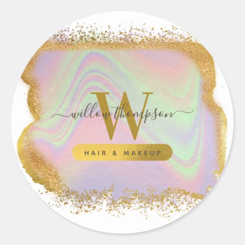 Holographic Gold Glitter Modern Hair  Makeup  Classic Round Sticker