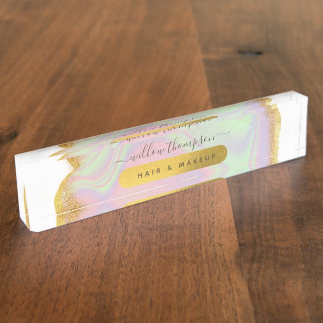 Holographic Gold Glitter Modern Office Shop Desk Name Plate (Side)