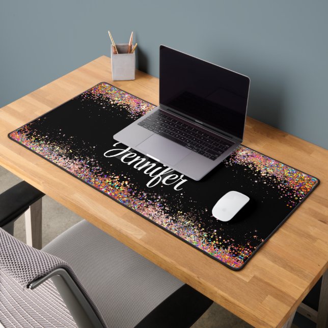 Holographic Gold Glitter Monogram Black Sparkly Desk Mat (Office 2)