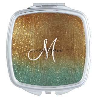 Holographic gold Glitter Monogram Compact Mirror