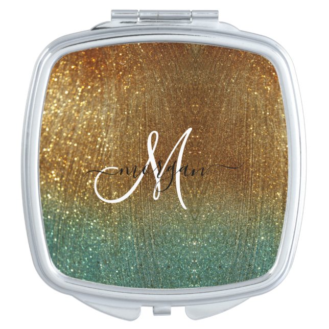 Holographic gold Glitter Monogram  Compact Mirror (Front)