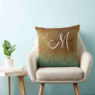 Holographic gold Glitter Monogram Throw Pillow