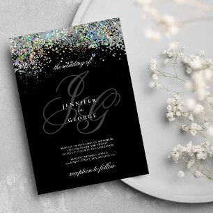 Holographic gold silver glitter initials wedding Invitation