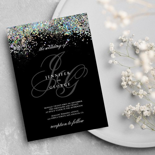  Holographic gold silver glitter initials wedding Invitation