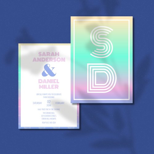 Holographic Gradient Modern Monogram Wedding  Invitation