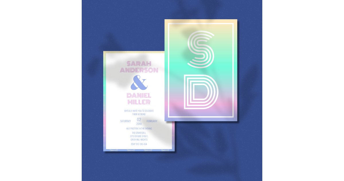 Holographic Gradient Modern Monogram Wedding Invitation | Zazzle