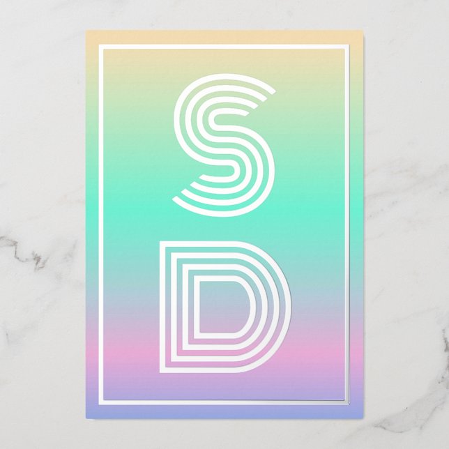 Holographic Gradient Monogram Silver Foil Wedding Invitation (Front)