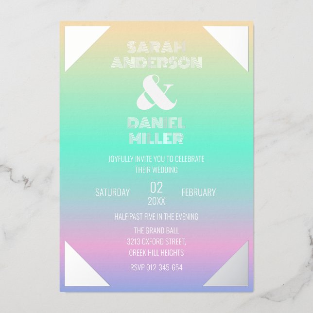 Holographic Gradient Silver Foil Frame Wedding Foil Invitation (Front)