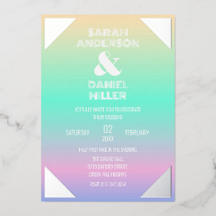Holographic Gradient Silver Foil Frame Wedding Invitation
