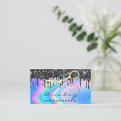 Holographic Hair Salon Beauty Black Drips Scissors Business Card (Standing Front)