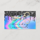 Holographic Hair Salon Beauty Black Drips Scissors Business Card (Front)