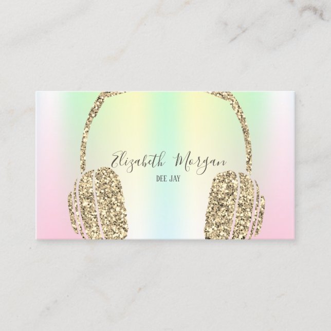 Holographic Iridescent Gold Glitter Headphone DJ Business Card (Front)