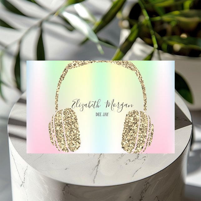 Holographic Iridescent Gold Glitter Headphone DJ Business Card (Creator Uploaded)
