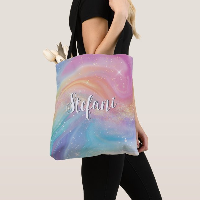 Holographic Iridescent Rainbow Unicorn Personized Tote Bag (Close Up)