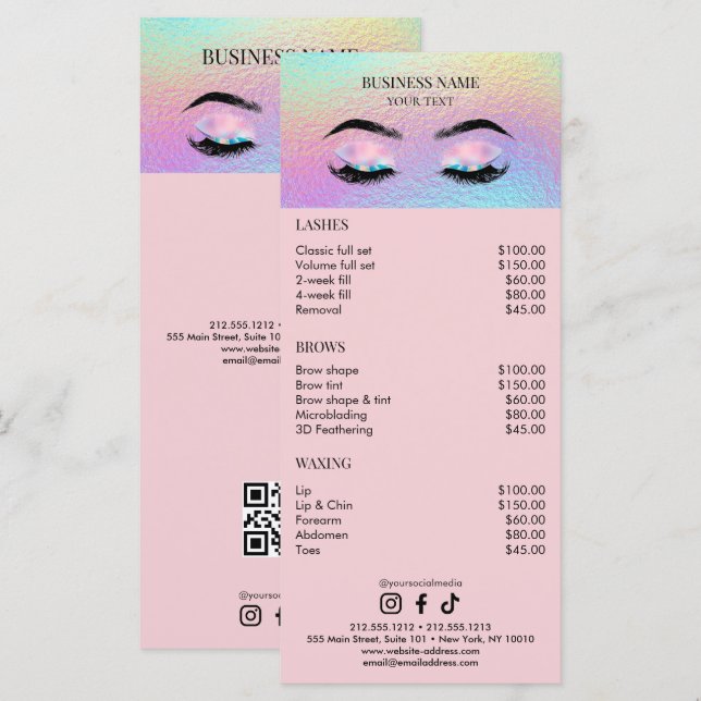 Holographic Lashes Salon Price List Menu (Front/Back)