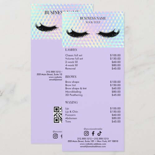 Holographic Lashes Salon Price List Menu