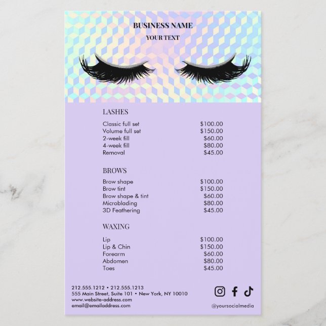 Holographic Lashes Salon Price List Menu Flyer (Front)