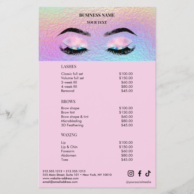 Holographic Lashes Salon Price List Menu Flyer (Front)