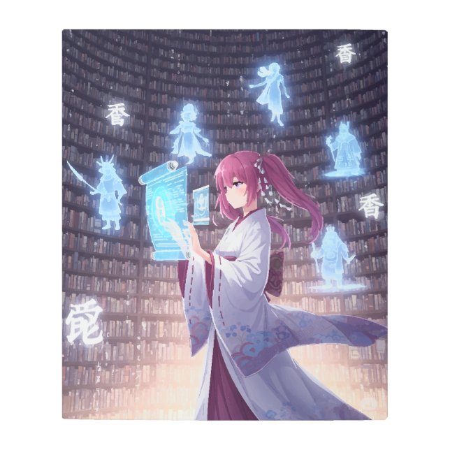 Holographic Librarian – Futuristic Anime Girl  Metal Print (Front)