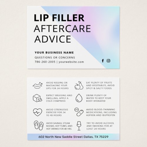 Holographic Lip Filler Aftercare Instructions Card