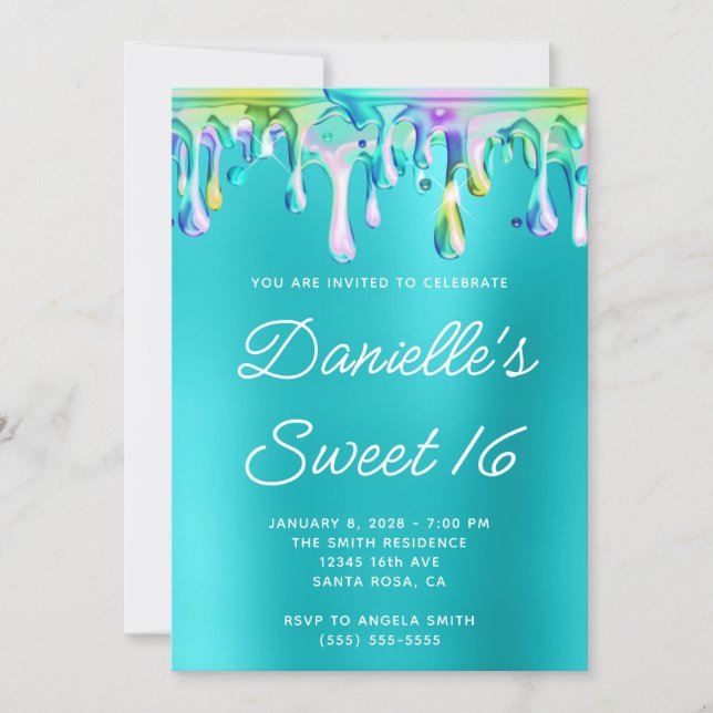 Holographic Liquid Drip Turquoise Blue Sweet 16 Invitation (Front)