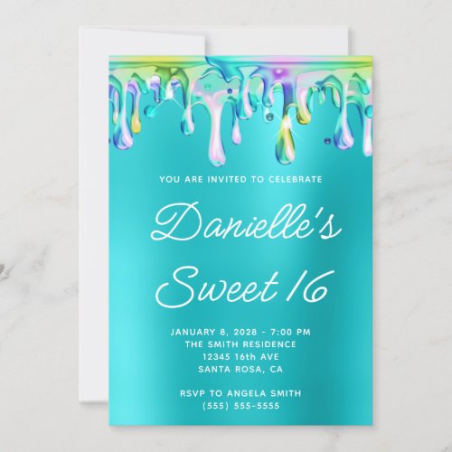 Holographic Liquid Drip Turquoise Blue Sweet 16 Invitation