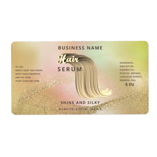 Holographic liquid gold elegant  hair serum label (Front)