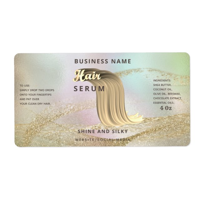 Holographic liquid gold elegant  hair serum label (Front)