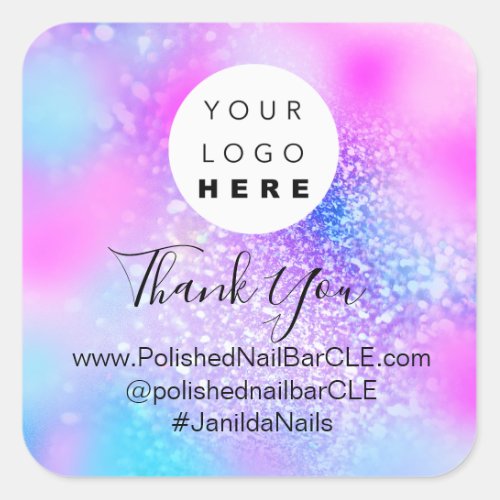 Holographic Logo Company Thank You Pink Glitter Square Sticker