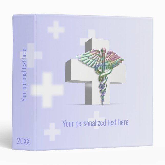 Holographic Medical 3D Caduceus White Cross 3 Ring Binder (Front/Spine)