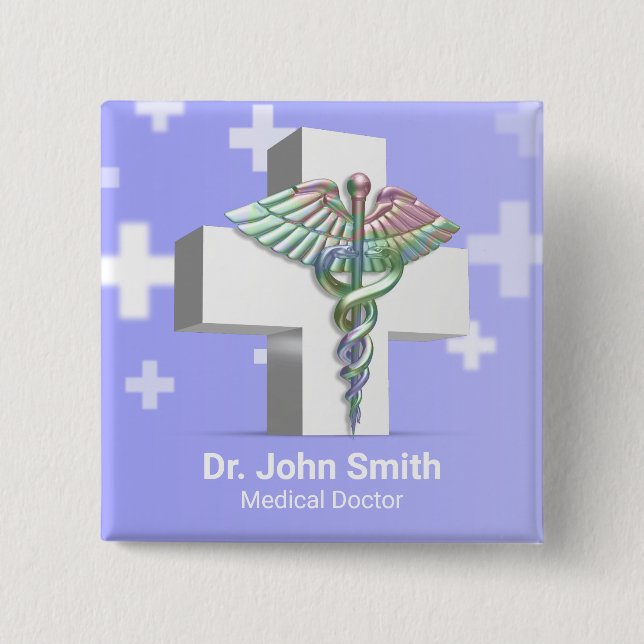 Holographic Medical 3D Caduceus White Cross Button (Front)