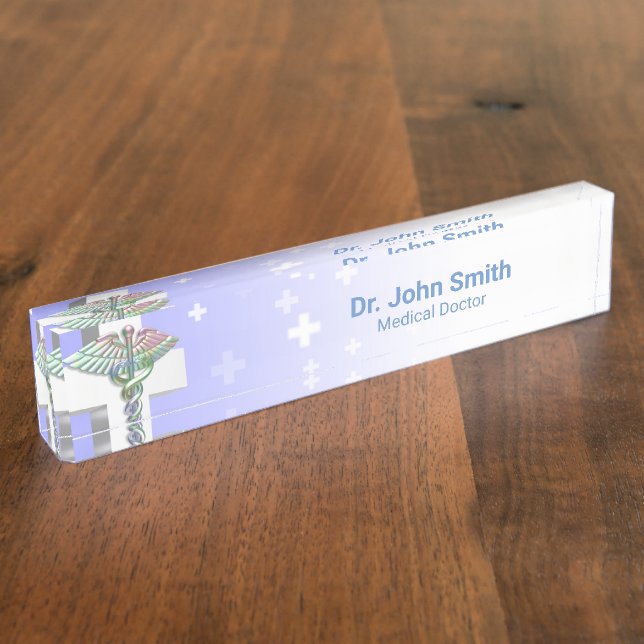 Holographic Medical 3D Caduceus White Cross Desk Name Plate (Side)