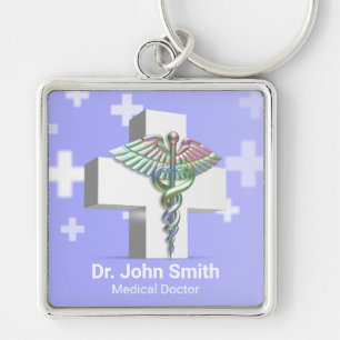 Holographic Medical 3D Caduceus White Cross Keychain