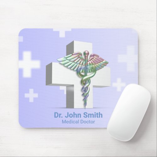 Holographic Medical 3D Caduceus White Cross Mouse Pad