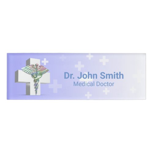 Holographic Medical 3D Caduceus White Cross Name Tag