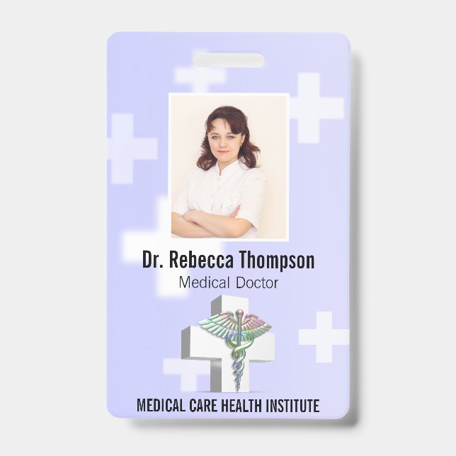 Holographic Medical 3D Caduceus White Cross Photo Badge (Front)