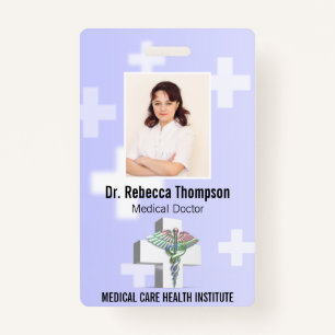 Holographic Medical 3D Caduceus White Cross Photo Badge