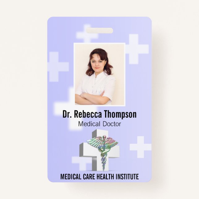 Holographic Medical 3D Caduceus White Cross Photo Badge (Front)