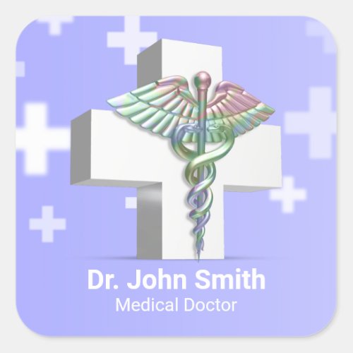 Holographic Medical 3D Caduceus White Cross Square Sticker