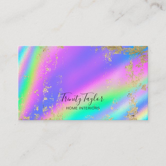 Holographic metallic rainbow & faux gold leaf business card (Front)