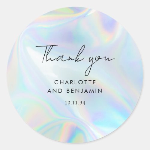 Holographic  Modern and Minimalist Script Wedding Classic Round Sticker