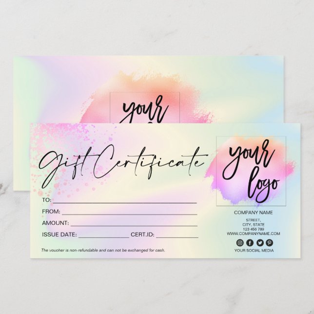 holographic modern gift card certificate add logo (Front/Back)