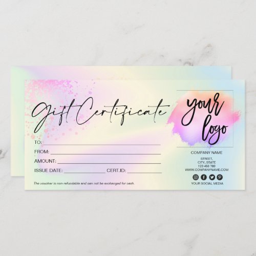 holographic modern gift card certificate add logo