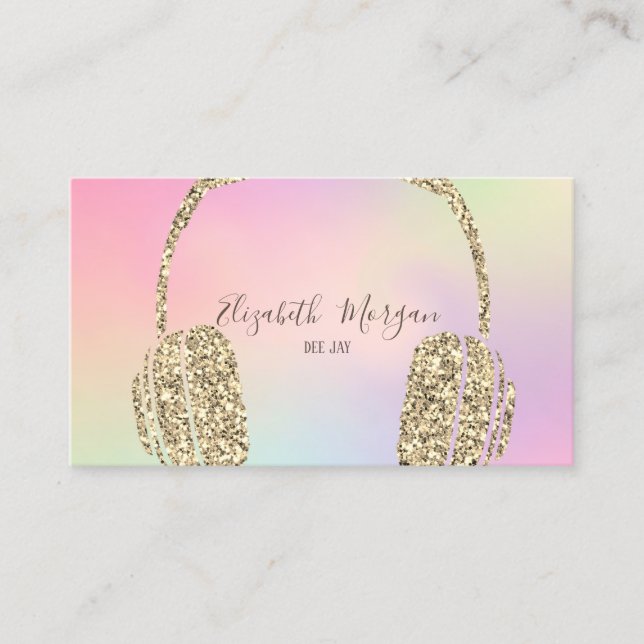 Holographic Modern Gold Glitter Headphone DJ Business Card (Front)
